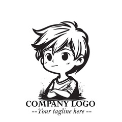 Black and White Chibi Boy Illustration with Jacket and Boots in Bold Thick Line Art Minimal Style