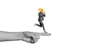 Composite photo collage of happy man run hand point index finger direction phone addiction social media isolated on painted background