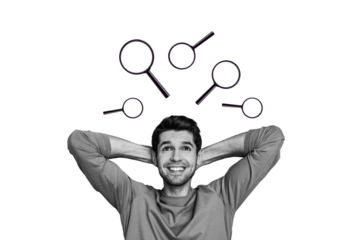 Creative photo image young cheerful man magnifying loop enlarger glass explore research curiosity relaxation drawing background