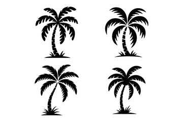 Fototapeta premium Stylized black silhouette icons of four different palm trees, a vector graphic set representing tropical island paradise and summer holidays