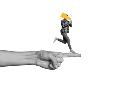 Composite photo collage of happy man run hand point index finger direction phone addiction social media isolated on painted background - Powered by Adobe