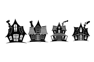 Fototapeta premium Set of four spooky gothic style haunted houses with chimneys, silhouetted against a white background, evoking a sense of mystery and the supernatural