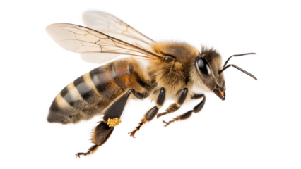 A fuzzy honey bee carries golden pollen on its leg while flying, isolated on a clean transparent background.