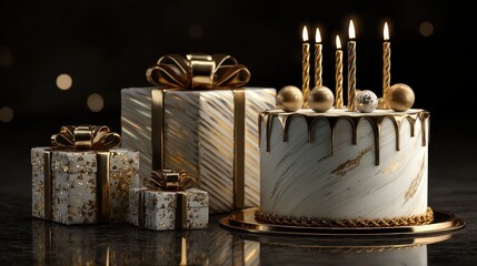Elegant birthday scene, stylish cake with candles, luxury gift boxes, and a sophisticated greeting card.	
