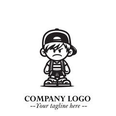 Black and White Chibi Boy Illustration with Jacket and Boots in Bold Thick Line Art Minimal Style
