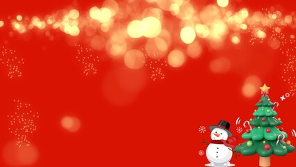 Red Christmas background with golden bokeh lights. Features a cute cartoon snowman and a decorated 3D Christmas tree. Festive holiday scene with copy space for text