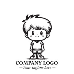 Black and White Chibi Boy Illustration with Jacket and Boots in Bold Thick Line Art Minimal Style