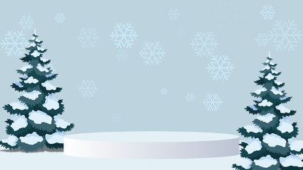 3D Christmas product display. A white podium between two snow-covered pine trees. Light blue background with falling snowflakes. Minimalist winter holiday mockup for product presentation