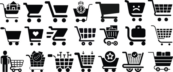 Shopping cart icon set. Shopping trolley in outline. Web cart in line. Shop symbol in black. Trolley icon. Stock vector illustration.A simple line art illustration of a shopping cart.