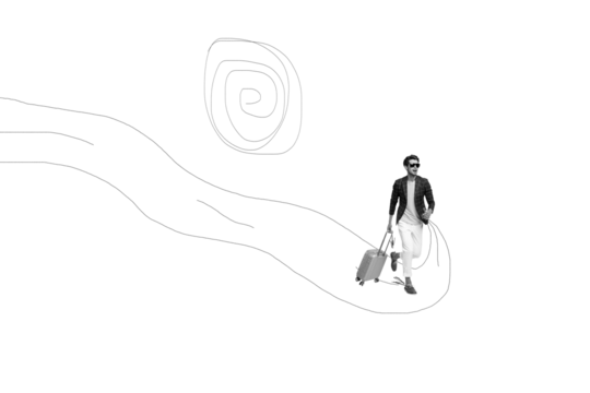 Composite photo collage of handsome man carry suitcase walk adventure travel summer vacation relax isolated on painted background - Powered by Adobe