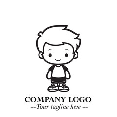 Black and White Chibi Boy Illustration with Jacket and Boots in Bold Thick Line Art Minimal Style