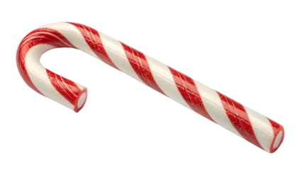 A vibrant red and white striped candy cane is clearly isolated and floating, showcasing its delicious form on a pure transparent background.