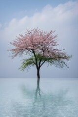Sakura Cherry Blossom Tree in Water with Minimalist Blue Sky Reflection