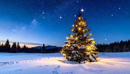 Fototapeta premium Illuminated Christmas tree stands out against a snowy field at night, with footprints and starry sky above