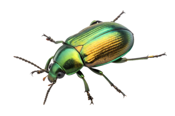 A stunning iridescent beetle with a metallic green and gold shell, captured in a detailed close-up, isolated for transparent background.
