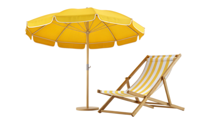 A yellow beach umbrella and a striped deck chair are clearly isolated on a transparent background, perfect for summer designs.