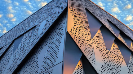 modern steel angular geometric cladding with colour tones and perforated patterned design