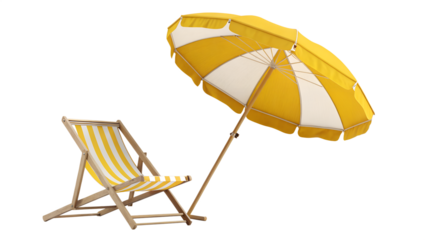 Bright yellow and white striped beach chair positioned beside an open parasol, ready for summer relaxation, isolated on a clean transparent background.