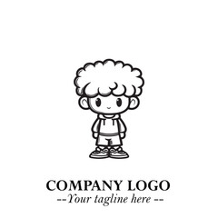 Black and White Chibi Boy Illustration with Jacket and Boots in Bold Thick Line Art Minimal Style