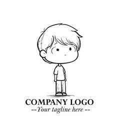 Black and White Chibi Boy Illustration with Jacket and Boots in Bold Thick Line Art Minimal Style