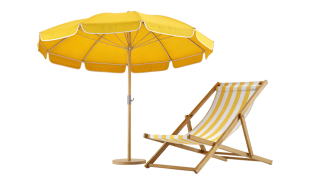 A yellow beach umbrella and a striped deck chair are clearly isolated on a transparent background, perfect for summer designs.
