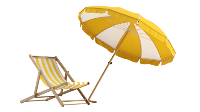 Bright yellow and white striped beach chair positioned beside an open parasol, ready for summer relaxation, isolated on a clean transparent background.