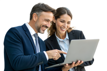 Two smiling business professionals, a man and a woman, collaborate on a laptop, with the man pointing, isolated on a transparent background.