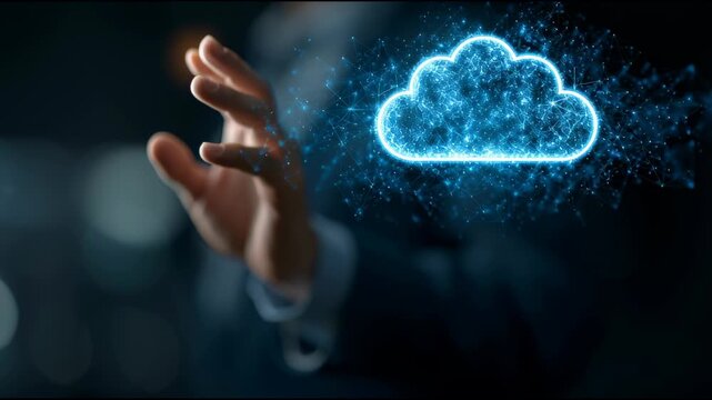Cloud Data Connection: An outstretched hand interacts with a luminous cloud symbol, illustrating the concept of data storage and cloud computing in a futuristic environment. 