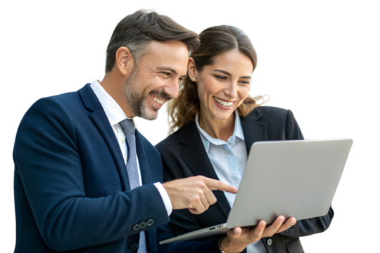 Two smiling business professionals, a man and a woman, collaborate on a laptop, with the man pointing, isolated on a transparent background. - Powered by Adobe