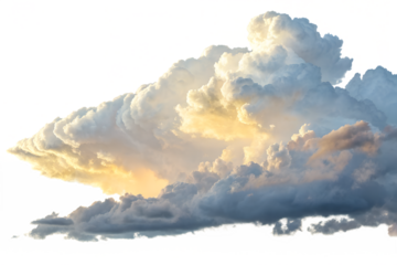 A grand billowy cumulus cloud formation is beautifully illuminated by warm golden sunlight, floating isolated on a clean transparent background.