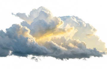 A magnificent cumulus cloud, composed of white and gray, is glowing with warm golden light, standing proudly isolated.
