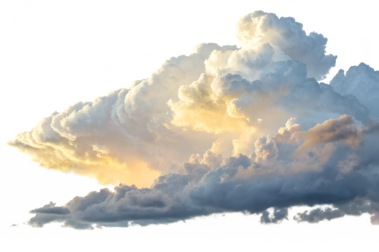 A grand billowy cumulus cloud formation is beautifully illuminated by warm golden sunlight, floating isolated on a clean transparent background.