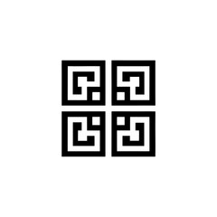 Four squares with geometric patterns in black color on transparent background silhouette