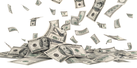 Many dollar bills are falling and gathering, forming a large pile of money, ideal for isolated display on a transparent background.