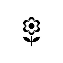 Simple black and white flower with stem and leaves on transparent background silhouette