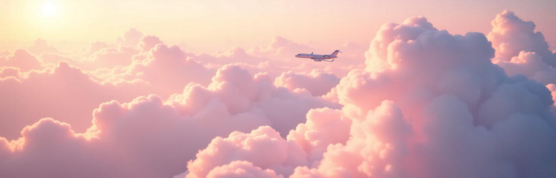 lone passenger jet soars serenely soft focus expanse pale pink cumulus clouds bathed warm sunlight subtle gradient