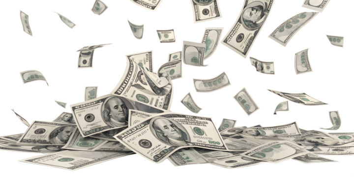 Many dollar bills are falling and gathering, forming a large pile of money, ideal for isolated display on a transparent background. - Powered by Adobe