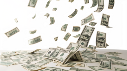 Numerous American dollar bills are actively falling and scattering, creating a vibrant wealth shower, isolated on a clean transparent background.