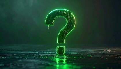 Illuminated green question mark on a dark, textured surface, reflecting light with a blurred, atmospheric background