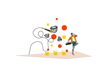 Trend artwork image photo collage of carefree party dance listen music moving young man hold boombox sing song microphone performance