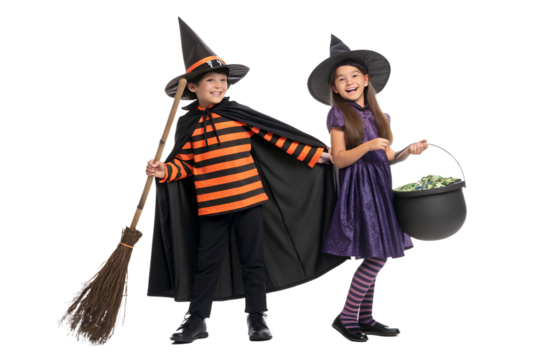 Two happy children, a boy and a girl, dressed as witches pose with a broom and cauldron for a joyful Halloween party, smiling. - Powered by Adobe