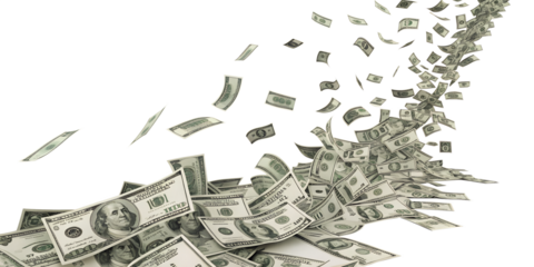Numerous one hundred dollar bills falling and scattering down, creating a vibrant cascade of money, cleanly isolated for any background.