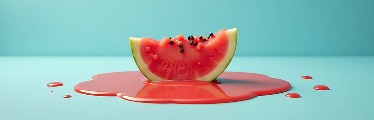 juicy slice watermelon dissolves syrupy pool serene sky blue surface surrounded subtle hints warm sunlight soft