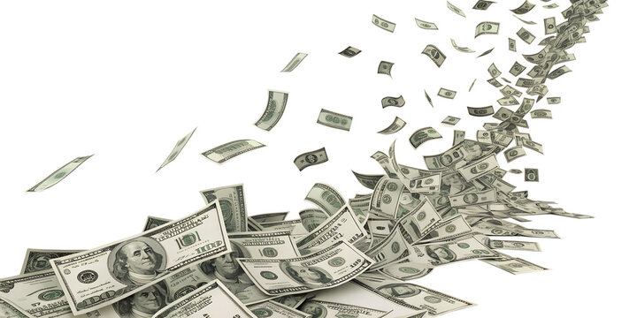 Numerous one hundred dollar bills falling and scattering down, creating a vibrant cascade of money, cleanly isolated for any background.