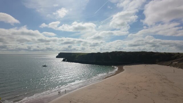 Panning shot of Barafundle Bay Beach on the Pembrokeshire coast, Wales.
