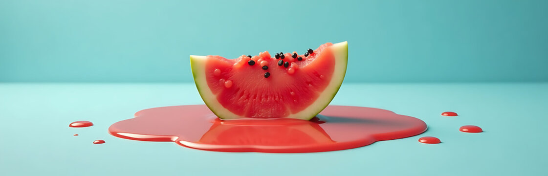 juicy slice watermelon dissolves syrupy pool serene sky blue surface surrounded subtle hints warm sunlight soft