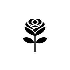 Simple black rose with stem and leaves illustration on transparent background silhouette