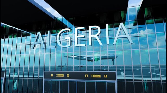 Airlane landing at Algeria. Arrival in the city with reflection of airport and aircraft