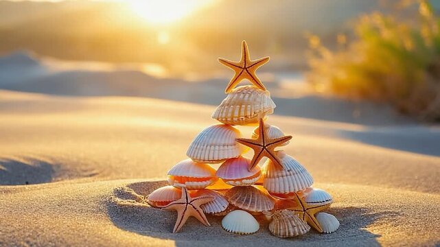 Decorative pyramid of shells and starfish on sandy beach, illuminated by sunset, showcasing natural beauty and craftsmanship