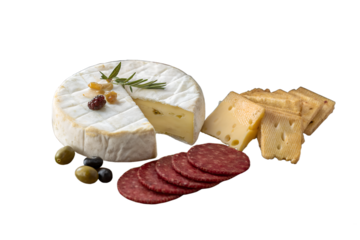 A gourmet selection of soft cheese, sliced hard cheese, savory salami, fresh olives, and crispy crackers is arranged, isolated on a transparent background.